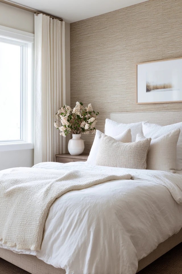 Patterned rug in neutral tones defining sleeping area