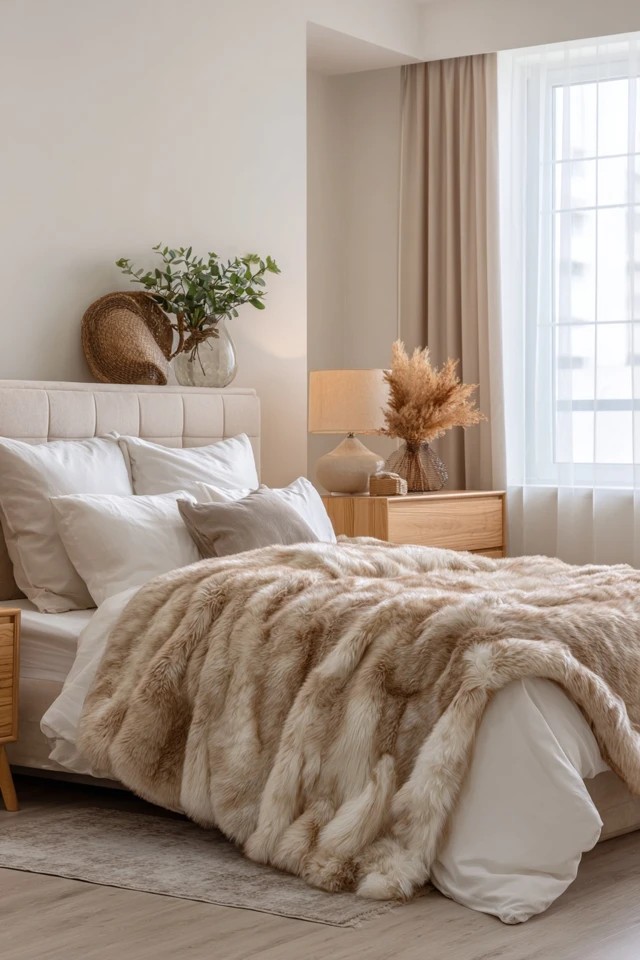 Coordinated beige throughout with white bedding contrast