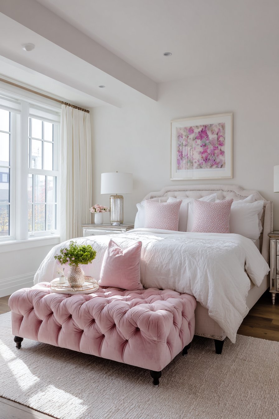 Upholstered bench in pink velvet at bed foot