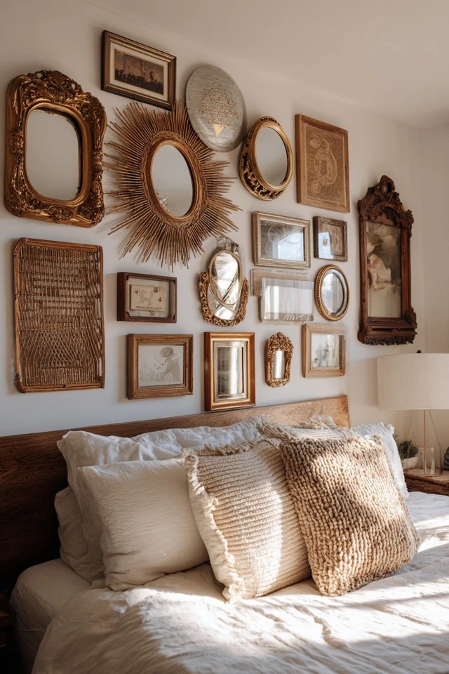 Multiple mirrors in brass, carved wood, and rattan frames