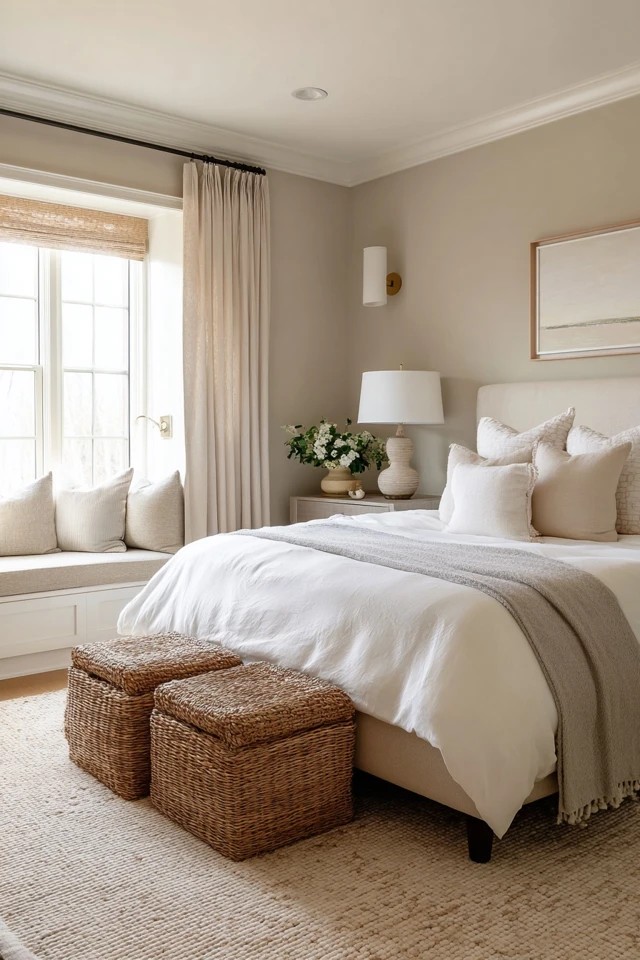Tonal stripes in beige and cream behind bed
