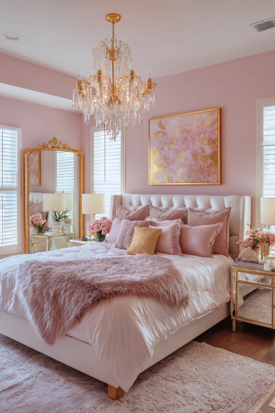 Soft pink walls with gold metallic chandelier