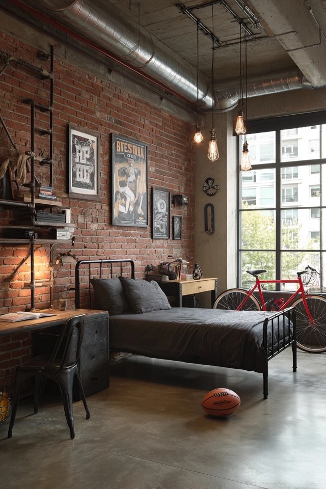 Exposed brick with metal pipe shelving and Edison bulbs