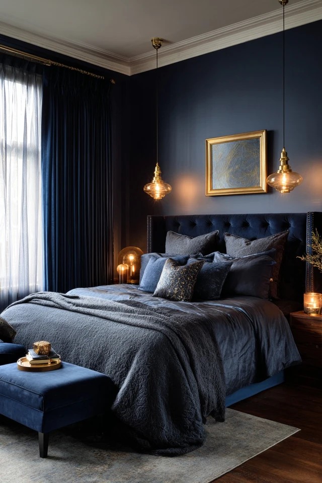 Deep navy backdrop with brass fixtures and velvet curtains