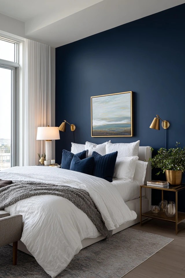 Deep saturated navy with white bedding and brass