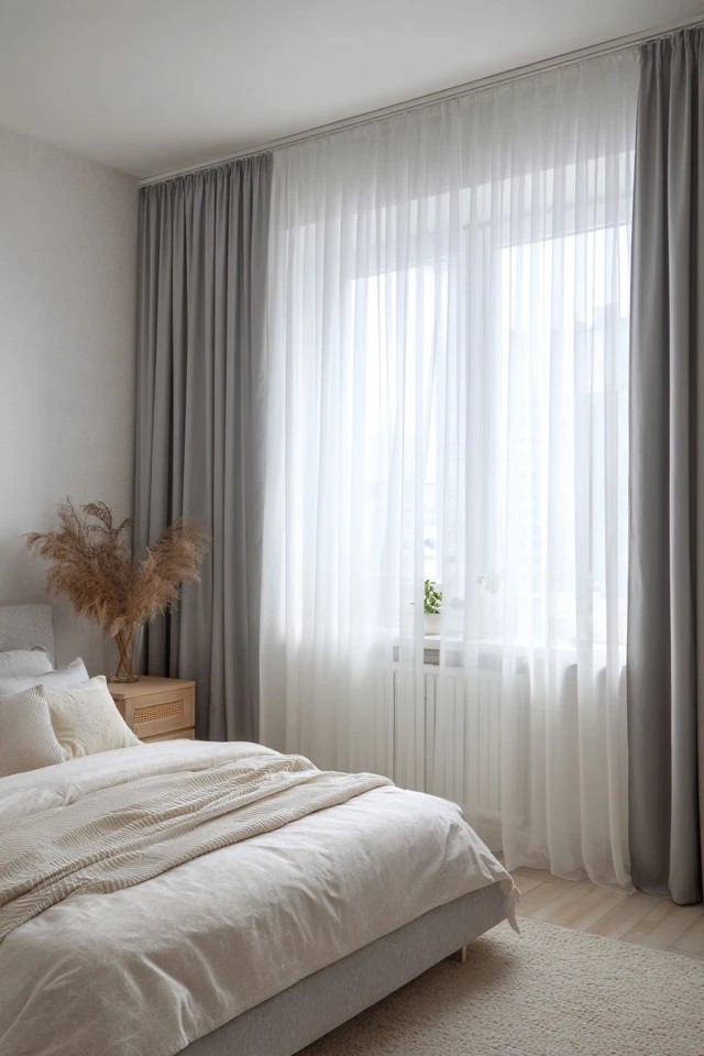 Grey blackout drapes behind white sheer panels