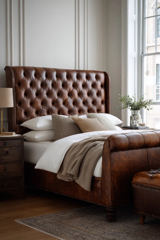 Cognac brown tufted leather with button detailing