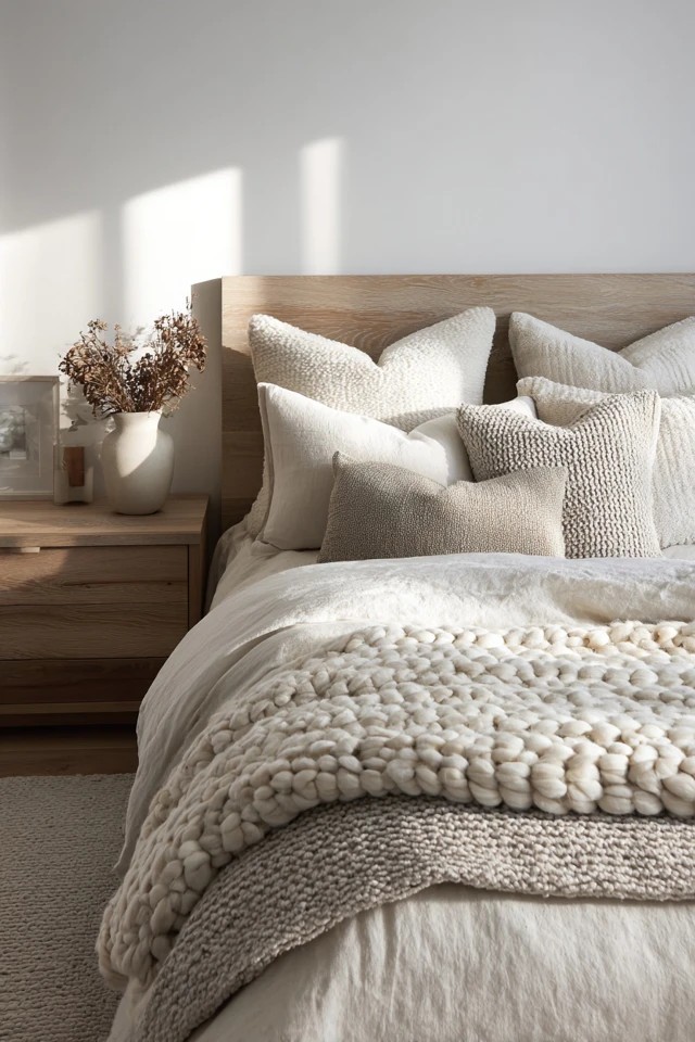 Cream duvet with beige pillows and taupe blanket
