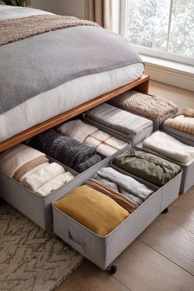 Rolling drawers beneath platform bed with labeled containers