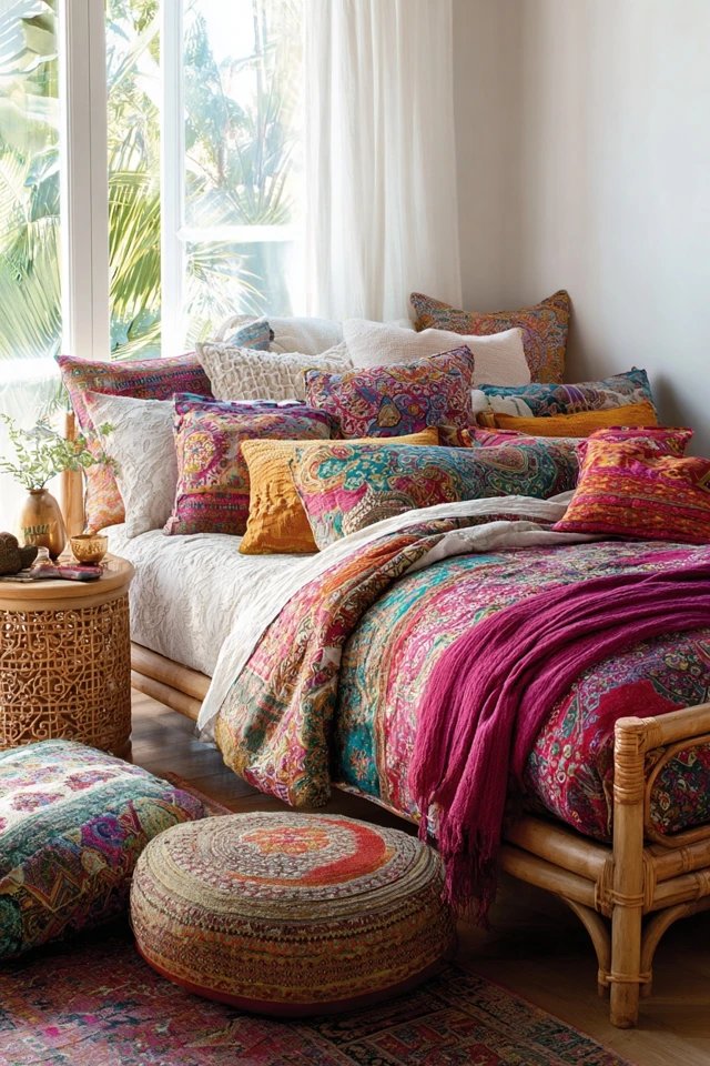Bed piled with paisley, ikat, and geometric prints