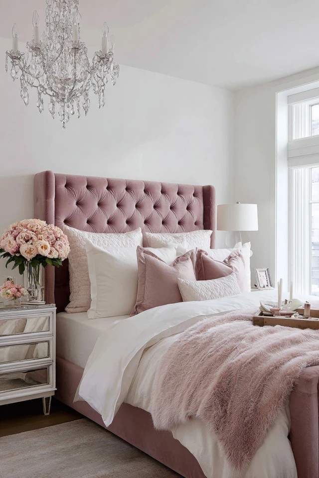 Deep button-tufted headboard in muted pink velvet
