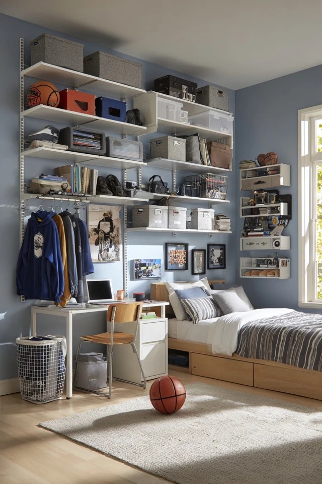 Wall-mounted cubes with labeled bins