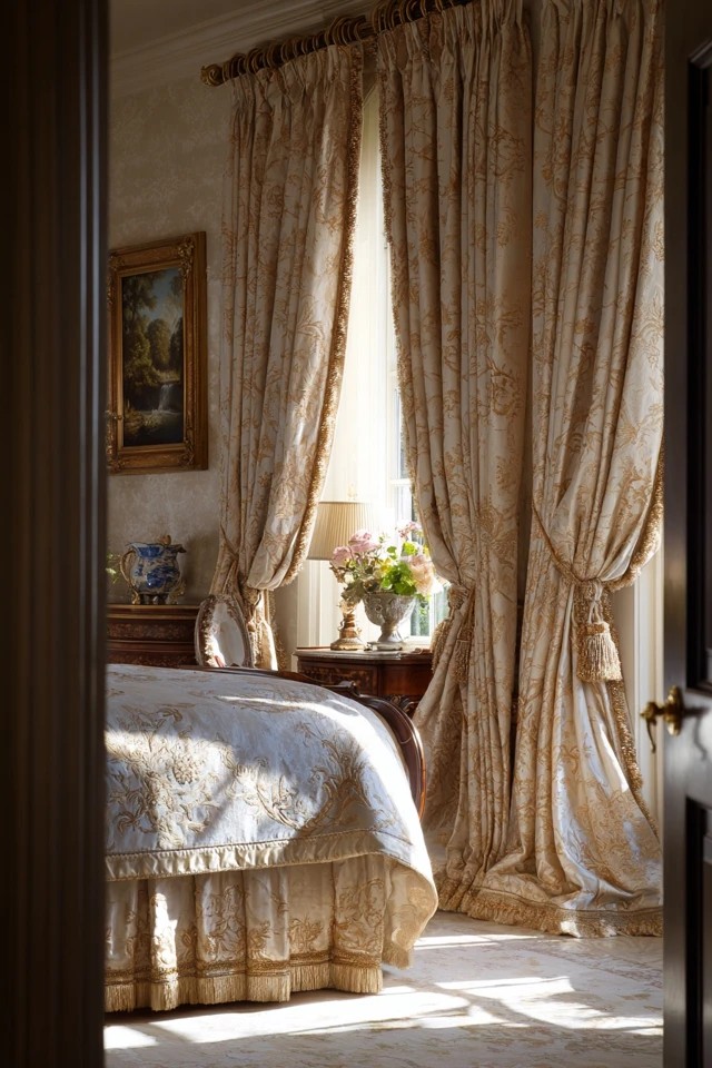 Silk panels pooling elegantly on floor