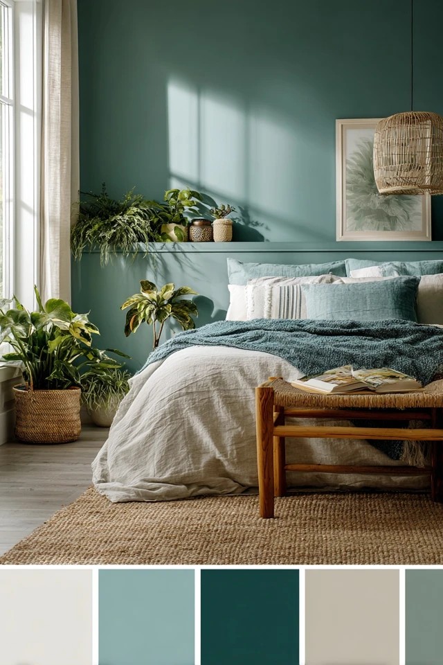 Deep green walls with light blue and sandy beige