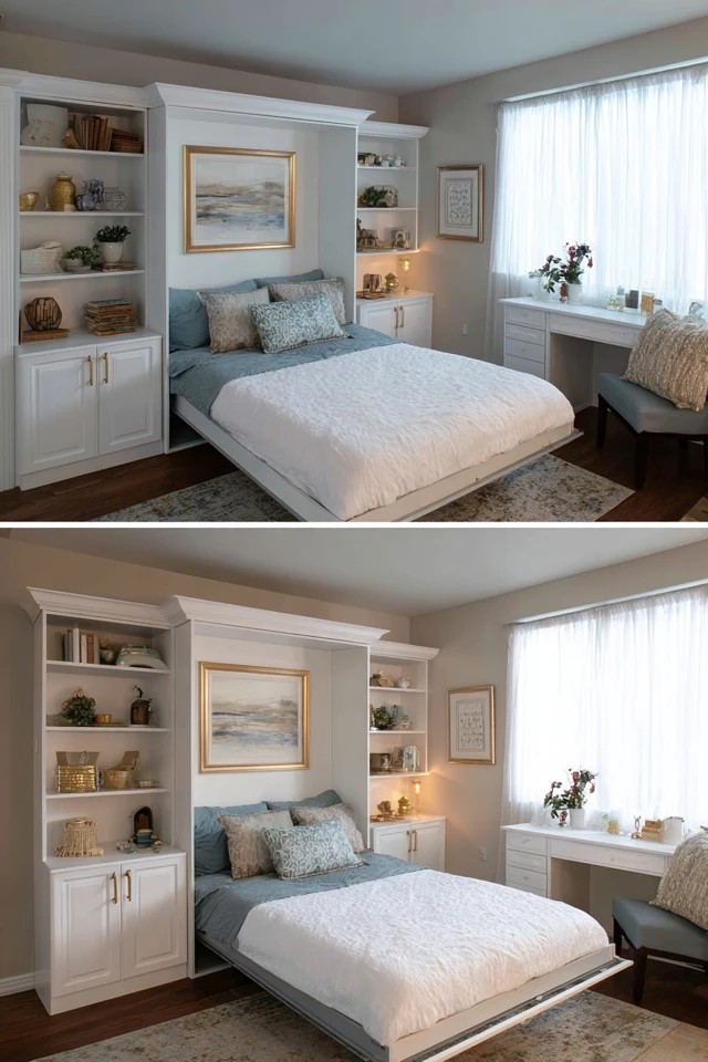 Wall bed folding into cabinet with surrounding shelving