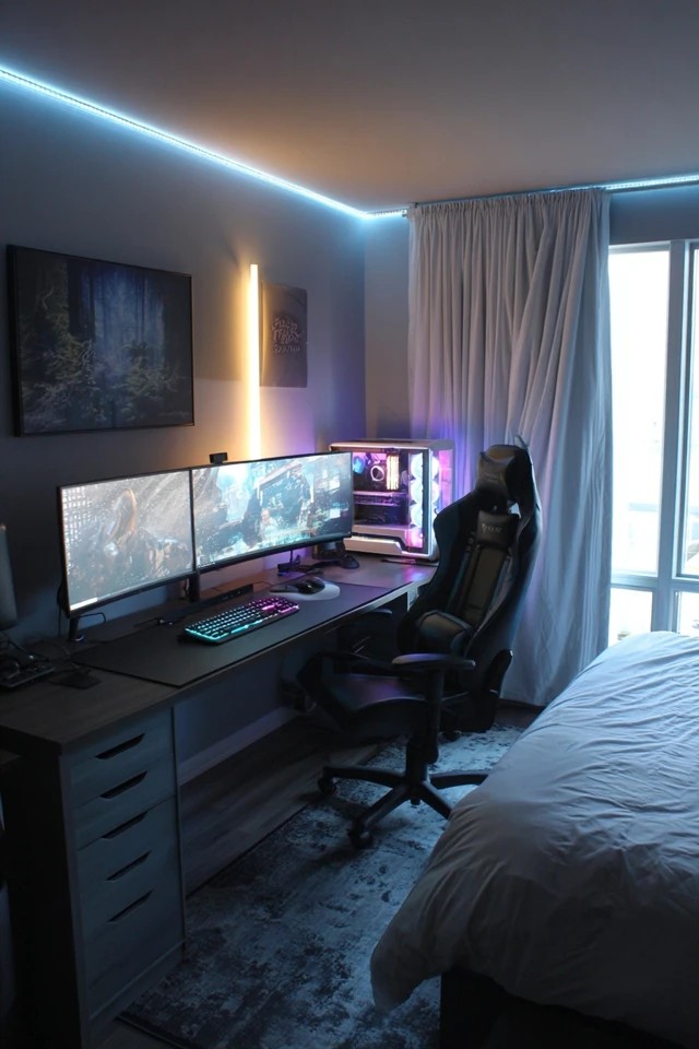 Dual monitors with RGB lighting and gaming chair