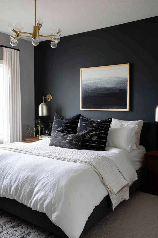 Matte black wall with white bedding creating contrast