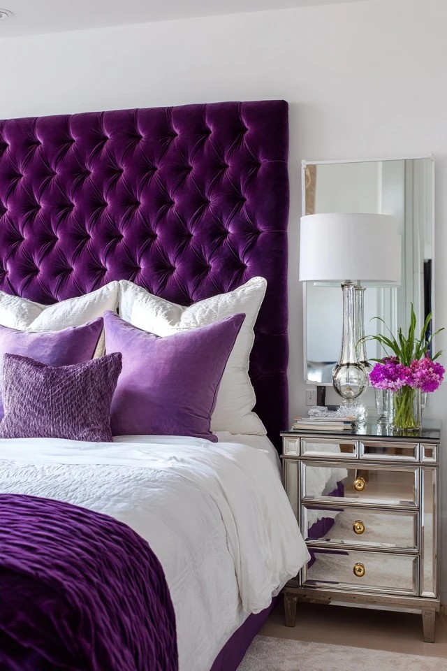 Deep button-tufted headboard in rich purple velvet