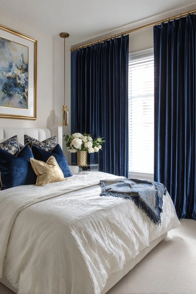 Rich blue velvet panels with brass rod