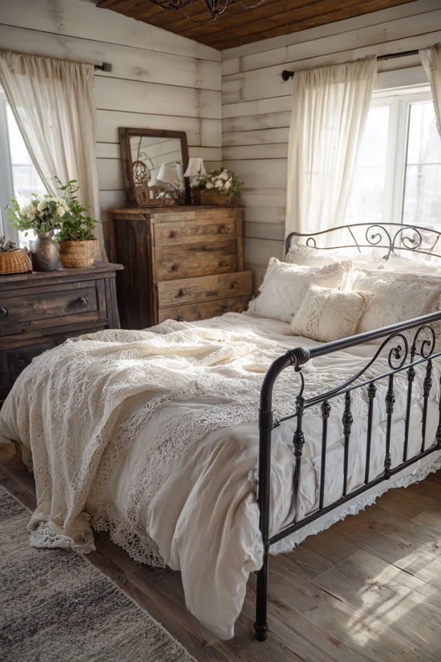 Black metal bed with curved headboard and lace