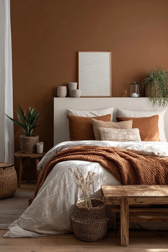 Medium brown wall with cream bedding and plants