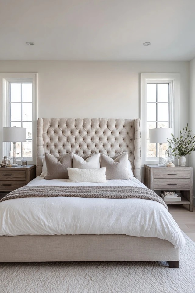 Tall tufted headboard in warm beige linen