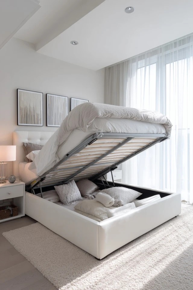 Bed frame with mattress platform raising revealing storage