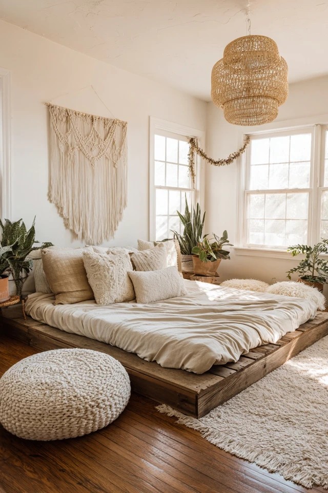 Simple mattress on low wooden platform with floor cushions