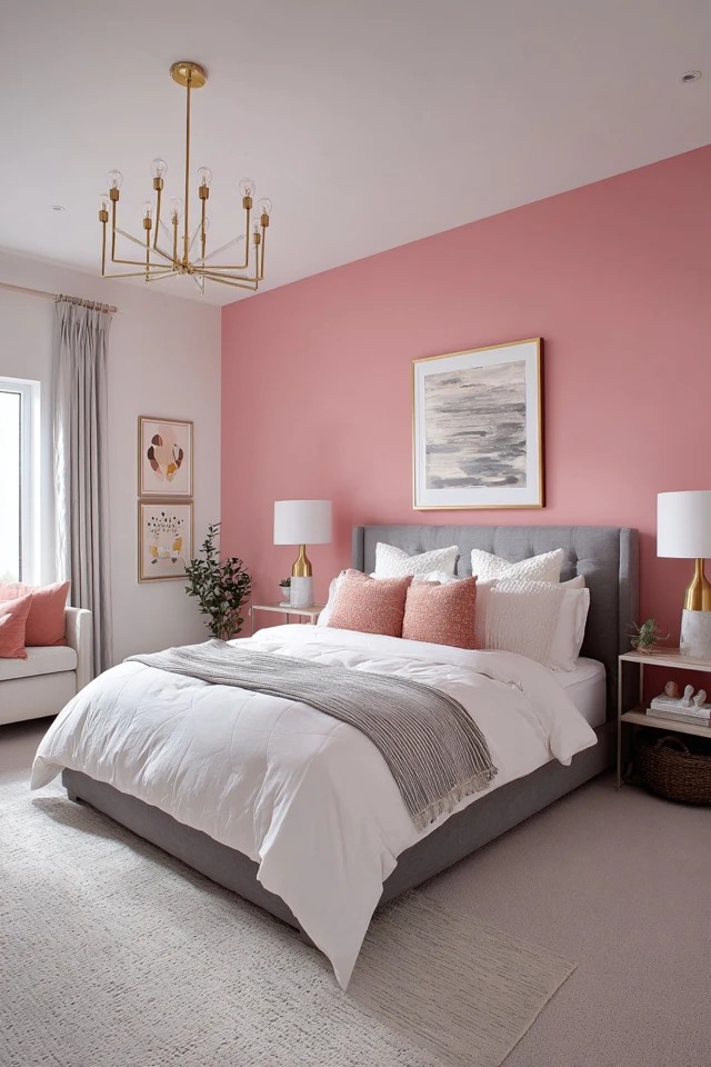 Saturated peachy-pink wall with grey furniture