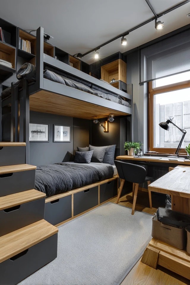 Clean-lined black furniture with grey walls