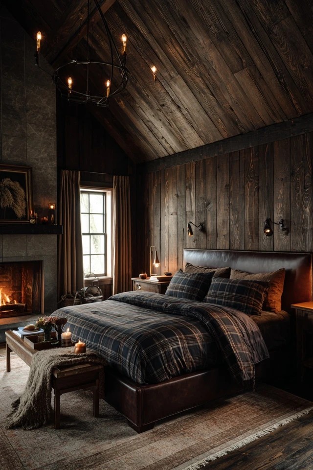 Floor-to-ceiling wood planks in espresso stain