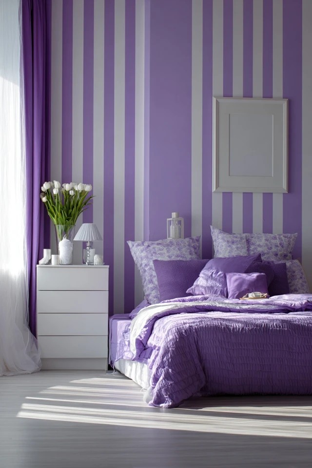 Light purple walls with white furniture and cream bedding