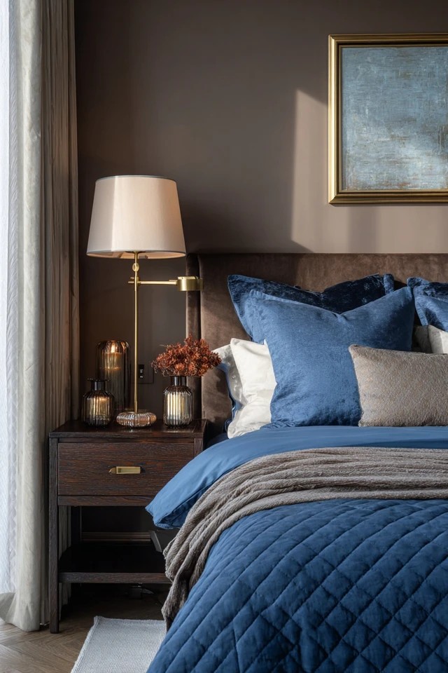 Matching wood bed, dresser, nightstands in rich brown