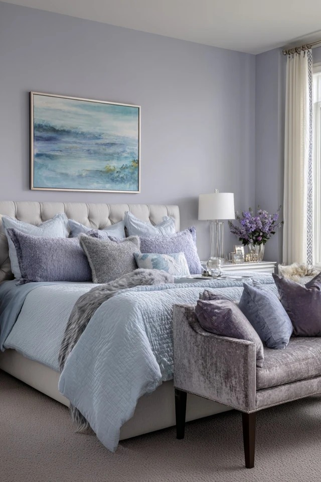 Soft grey walls with pale blue bedding and lavender accents