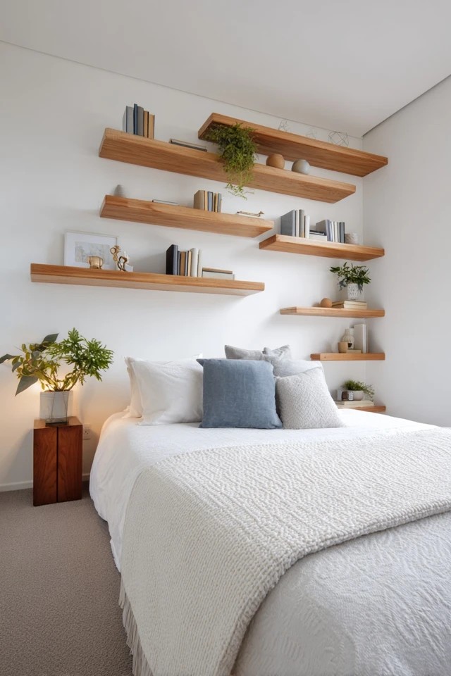 Wall-mounted wooden shelves in staggered arrangement
