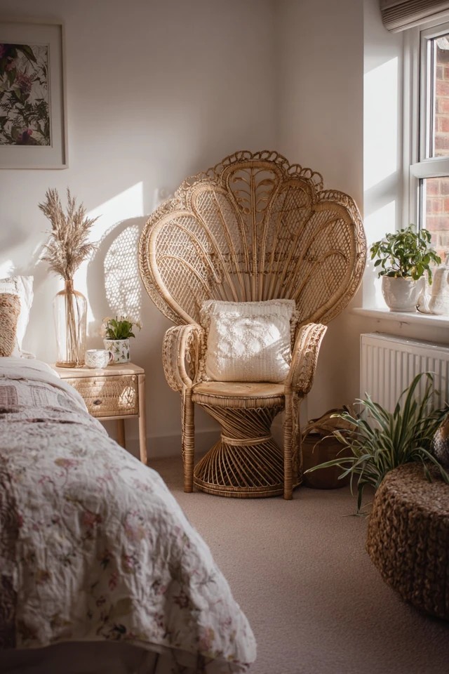 Curved rattan chair with fan-shaped back in corner