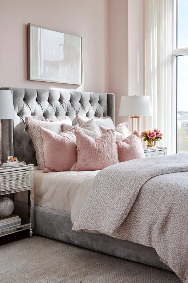 Soft pink walls with grey upholstered bed