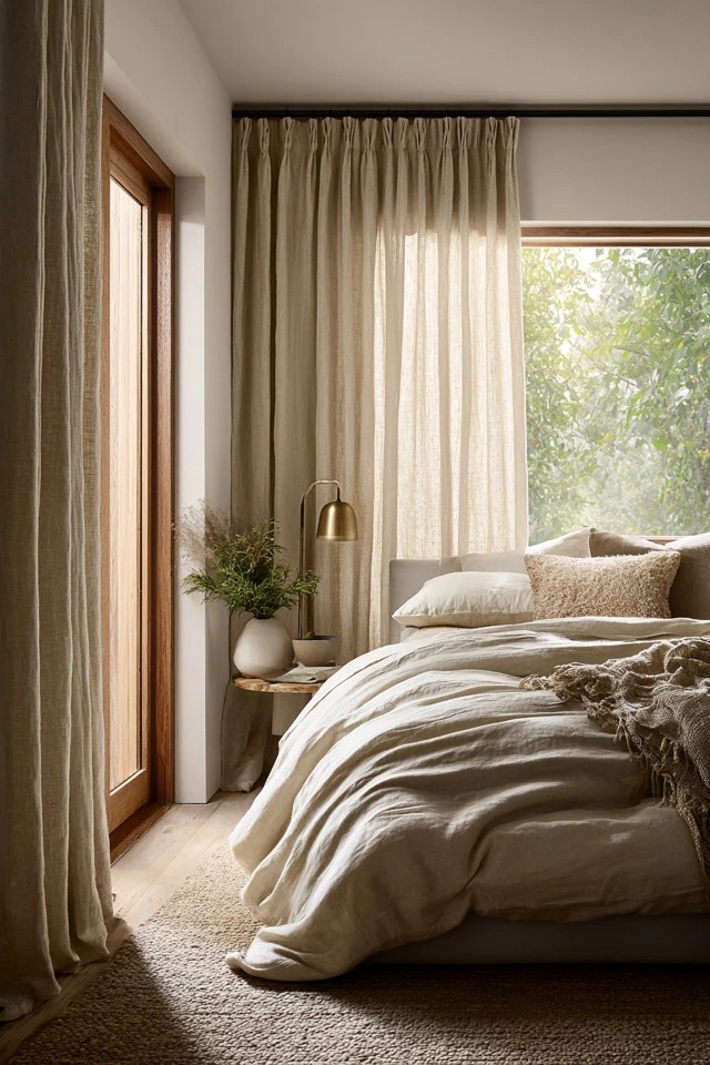 Metal grommets on natural linen with casual draping