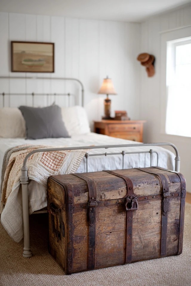 Steamer trunk with metal hardware at bed foot
