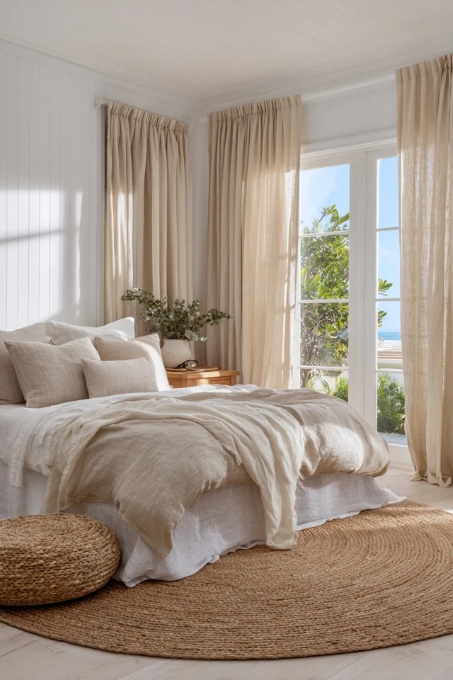 Flowing beige drapes with visible weave texture