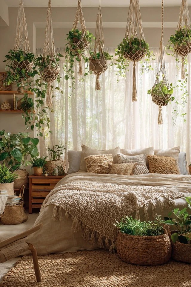 Multiple plants suspended in woven macramé hangers