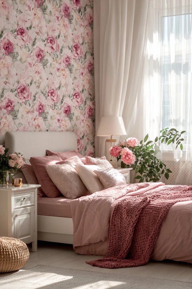 Bright fuchsia pillows and throw on white bed