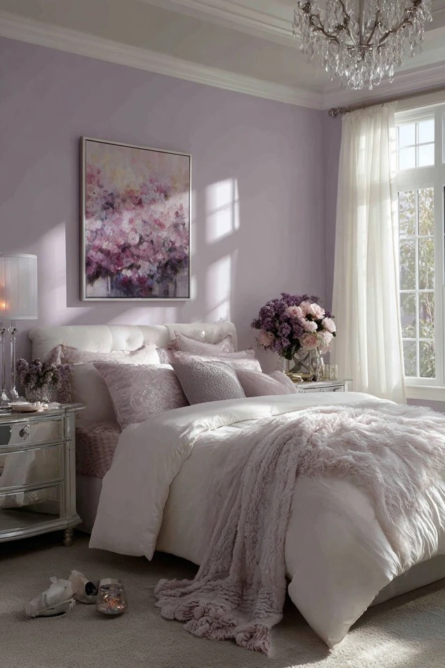 Deep purple accessories on white bed