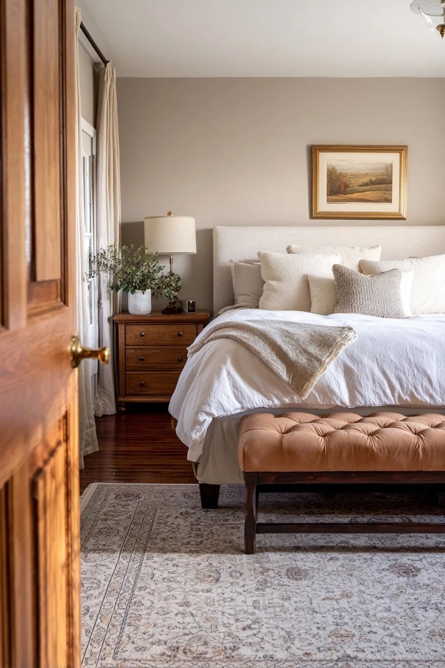 Grey-beige walls with cream bedding and camel chair