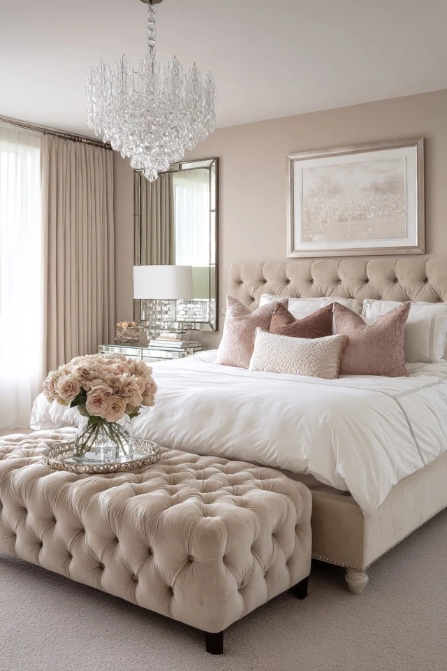 Tufted velvet bench in champagne beige