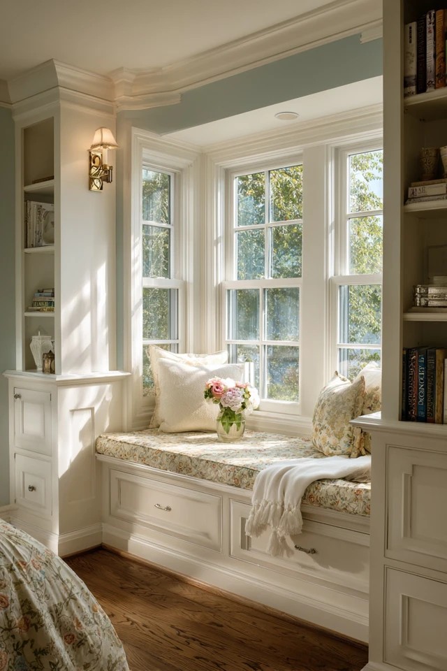 Cushioned bench with lift-up seat revealing storage