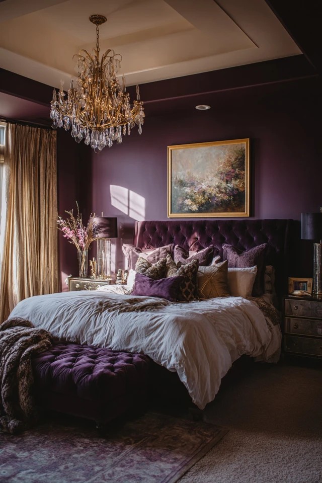 Deep red-purple walls with dark wood and gold