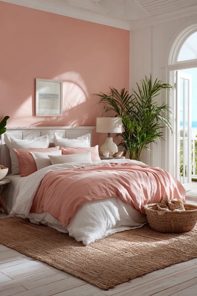 Warm peachy-pink with white furniture and jute