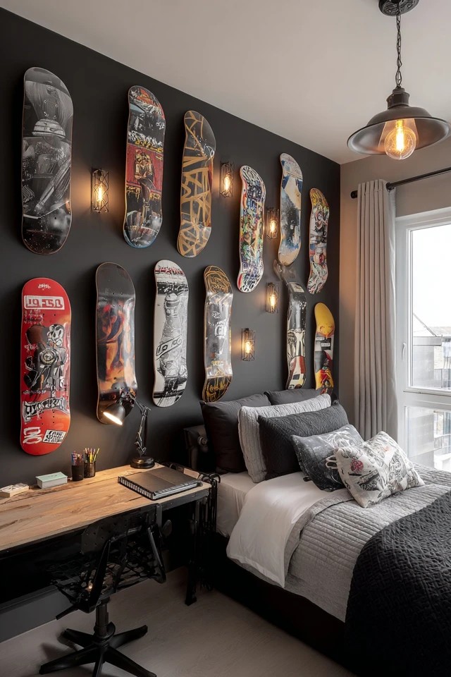 Deck collection mounted artistically with concrete wallpaper