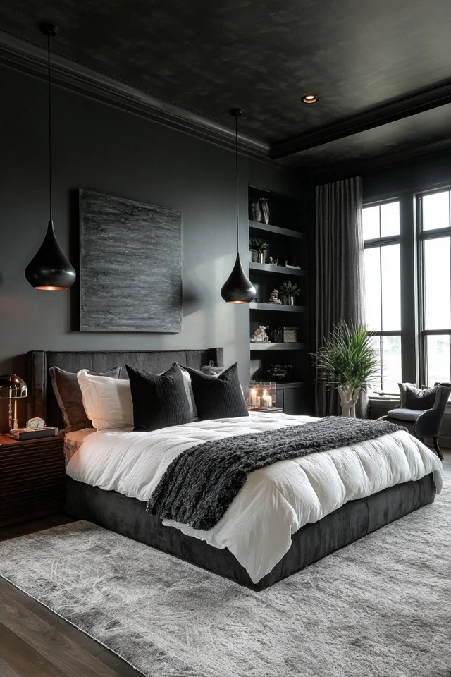 Unpainted brick in dark tones with metal bed